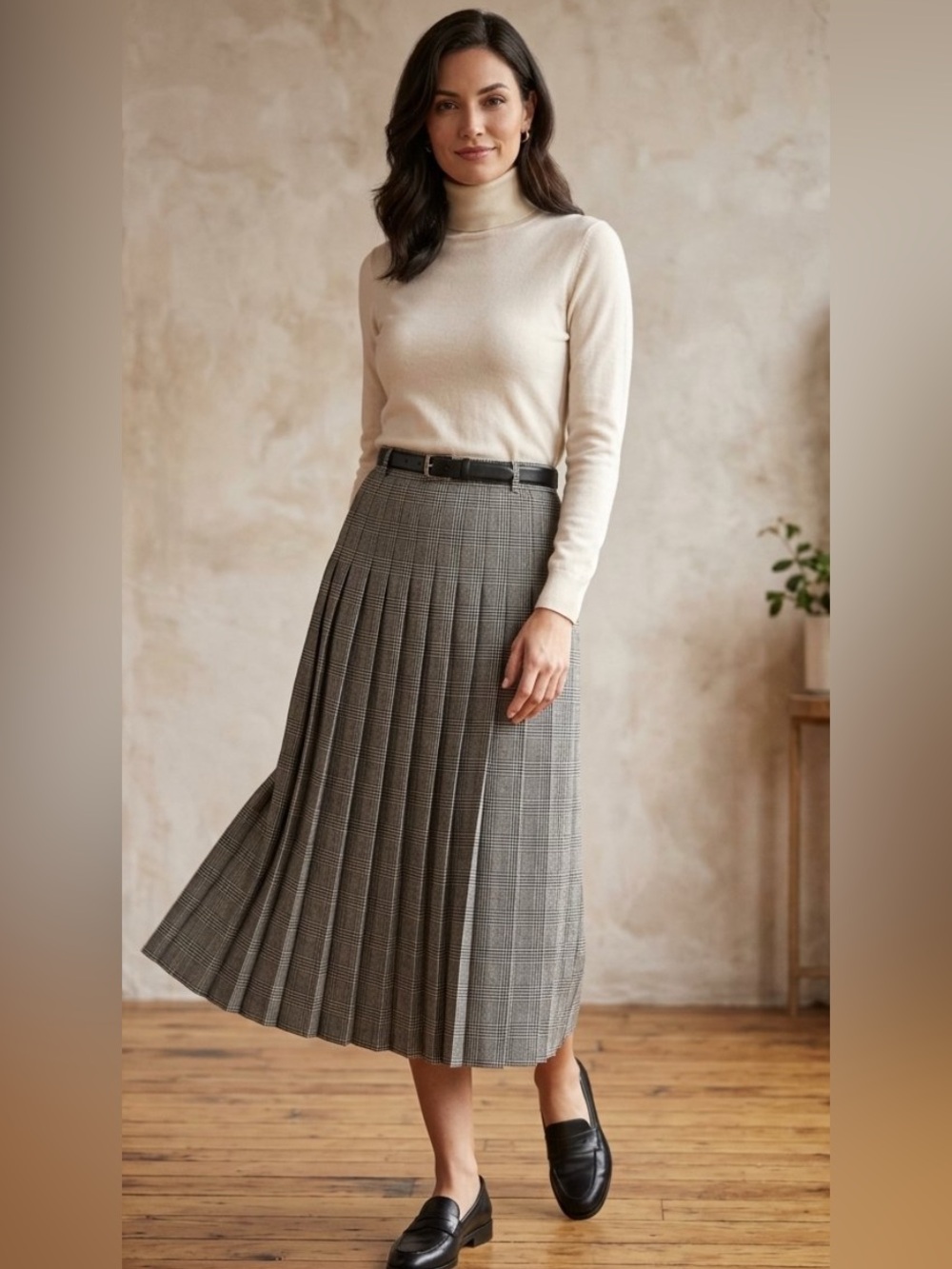 Talbots Sz 8 Wool Pleated Midi Skirt Glen Plaid Black White English Old Money